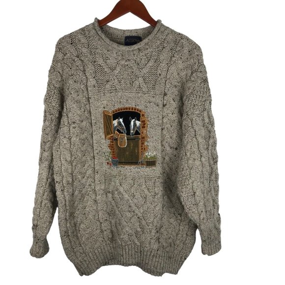 Acorn Sweaters - Vtg Womens Acorn Sweater Cable Knit Horse Design 100% British Wool Gray Large